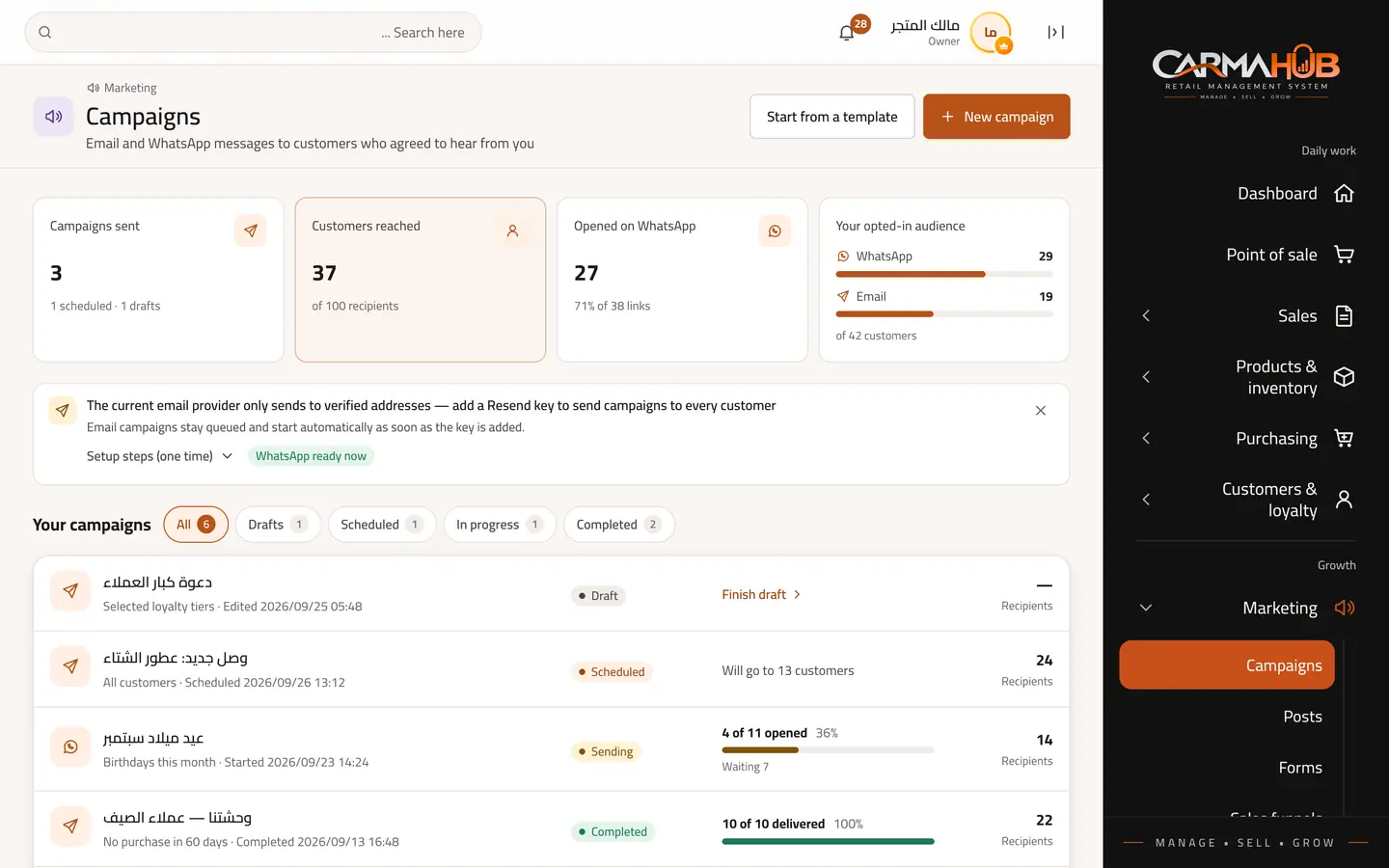 The CARMA HUB campaigns screen: campaigns, opted-in audience and sending results