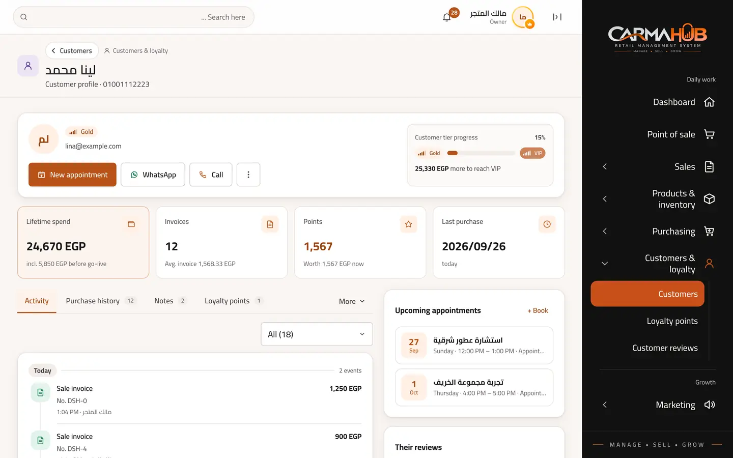 A CARMA HUB customer profile: total spend, invoices, points and upcoming appointments