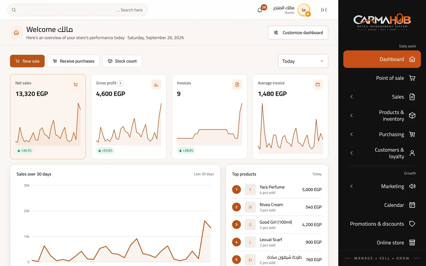 The real CARMA HUB dashboard: net sales, gross profit, invoices, average invoice and sales over the last 30 days
