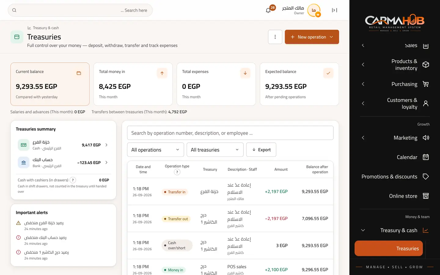 The CARMA HUB treasuries screen: total balance, treasury movements and alerts